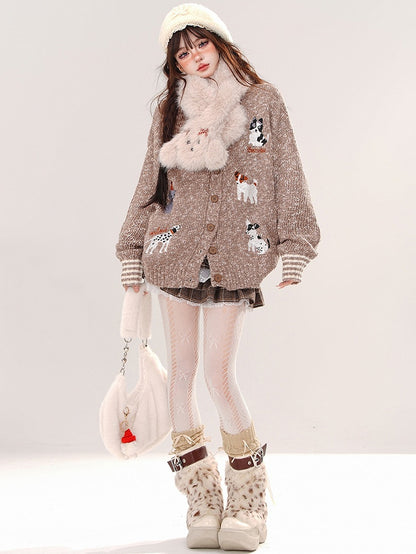 Pink/Coffee Cute Puppies Round Neck Loose Cardigan