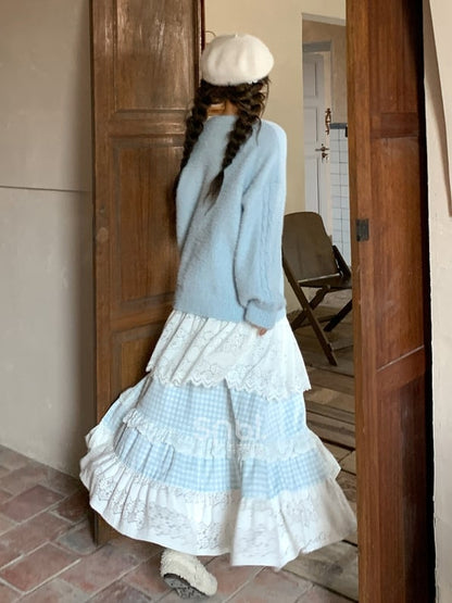 Jupe Mori Kei à carreaux en patchwork de dentelle bleue et blanche à taille haute