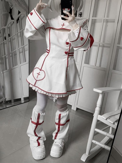 Maid Set: Halloween-themed Embroidery Buttons Cross Heart White Red Dress with + Kawaii Shorts Yami