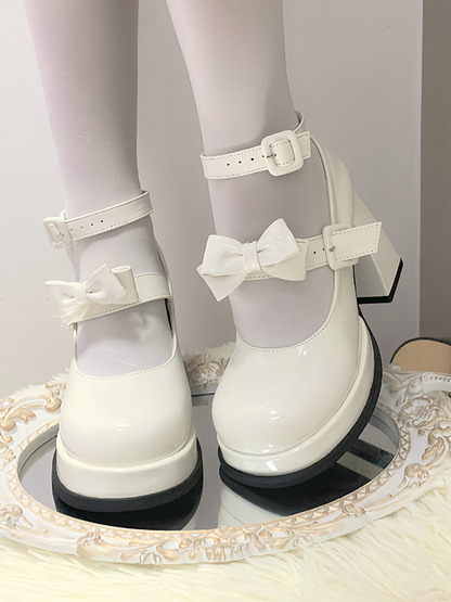 White Detachable Bowknot Platform High Block Heels Lolita Shoes