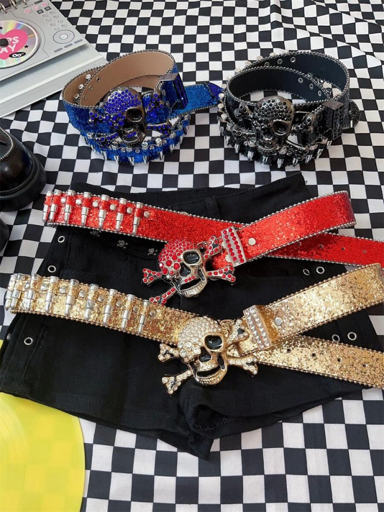 Y2K Glittering Rhinestones Punk Skull Bullets Waist Belt