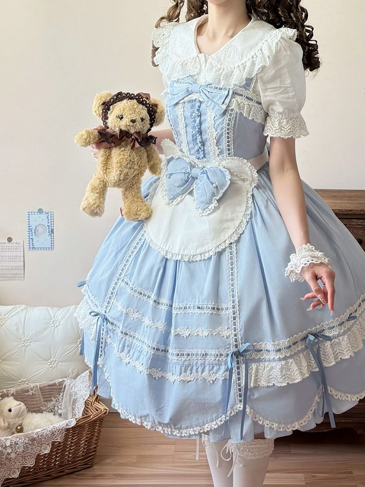 Lolita Old Edge Blue Jumper Dress Skirt School Trim Scalloped Hem