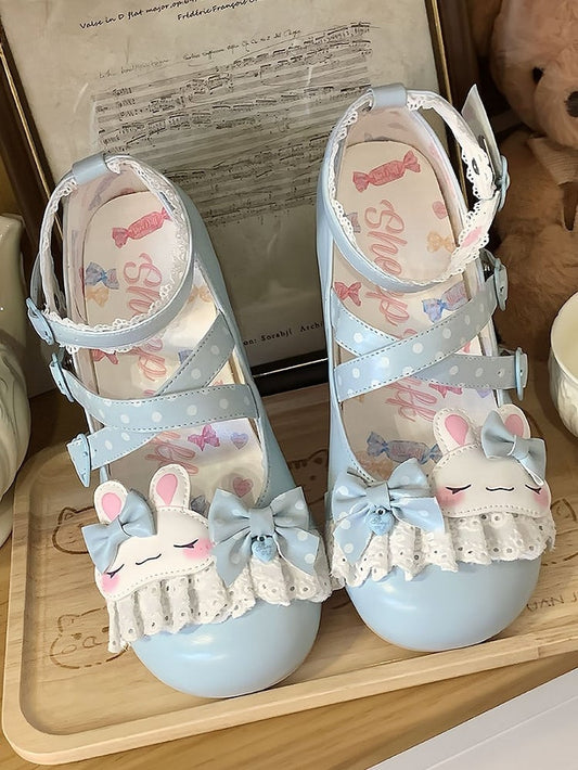 Süßes Design Crisscross Polka-dot Schuhe Lolita Bunny Spitze Applique Trim Muster Details Bowknot Blau