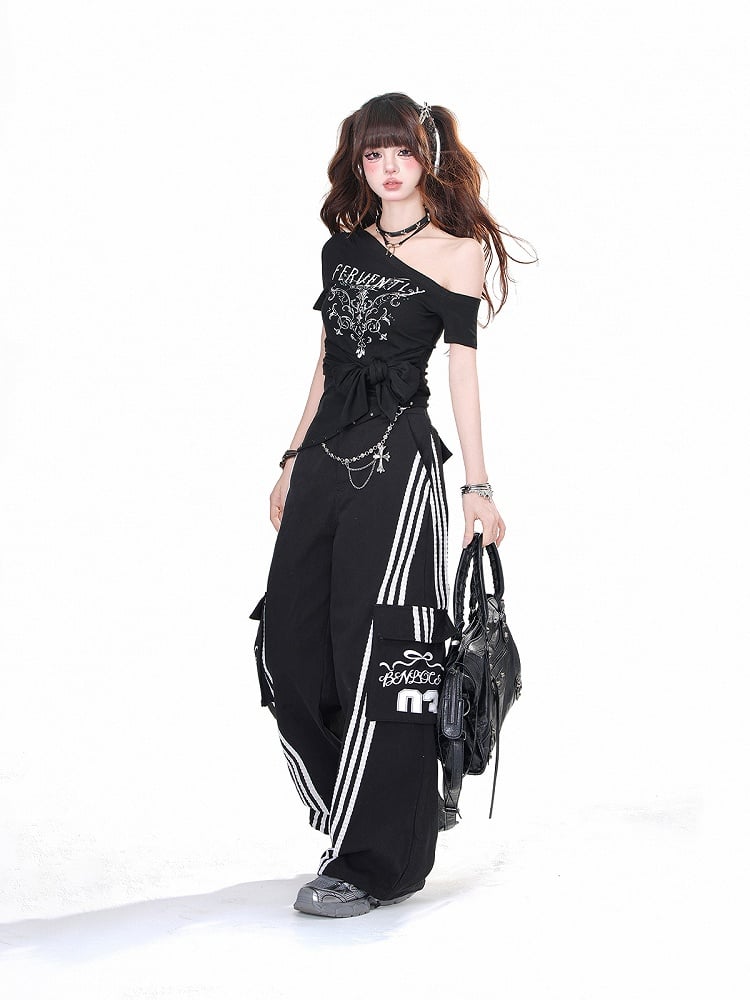 Black & White Cargo Pockets Wide-leg Loose Pants