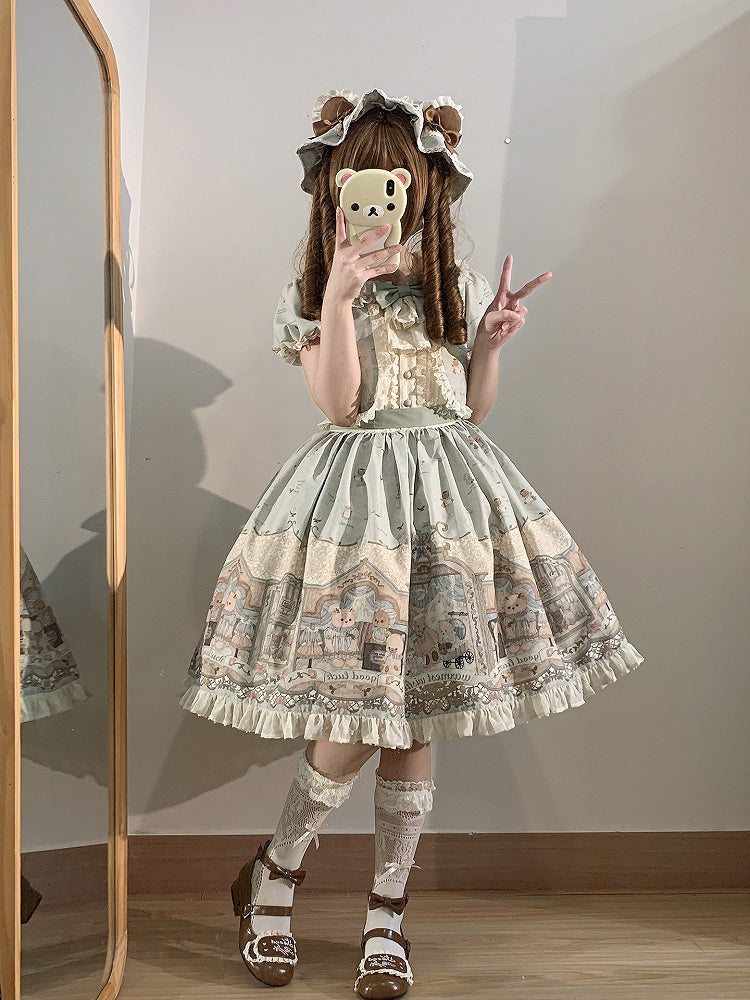 Green Sweet Teddy Lolita Dress Fake Two-pieces Design