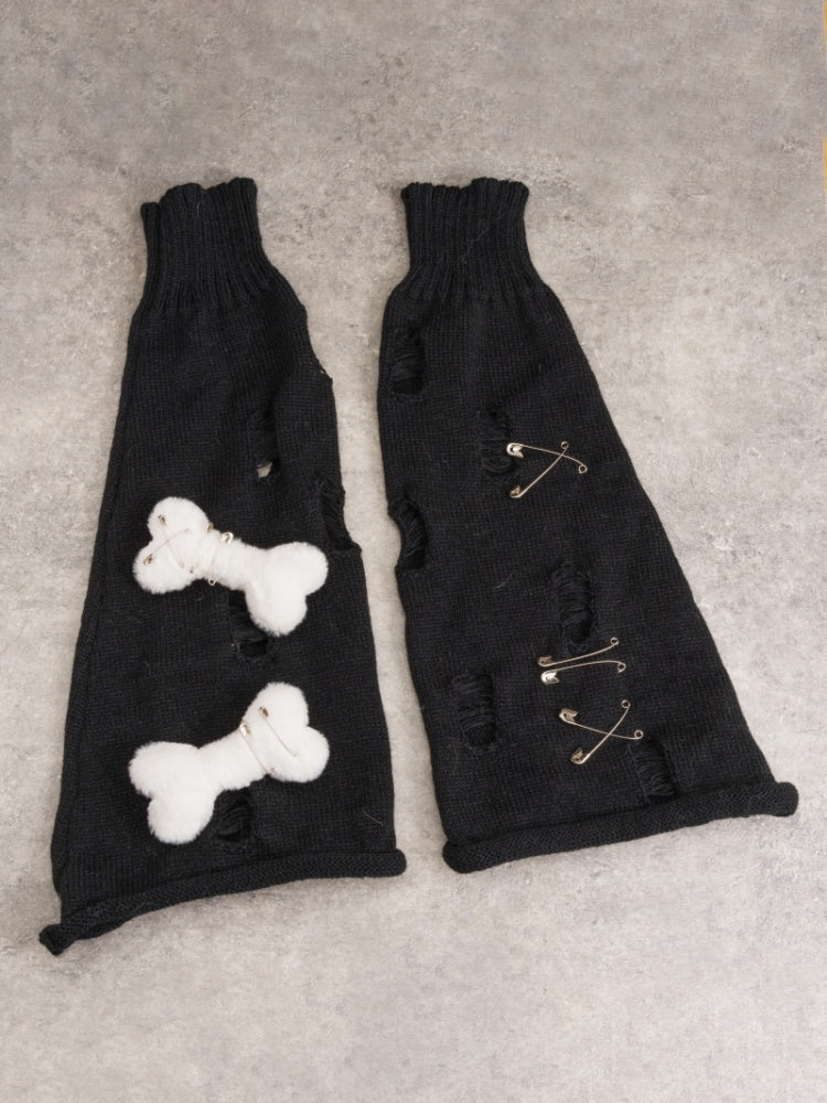 White Bones Distressed Holes Gothic Black Knit Leg Warmers