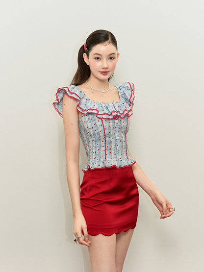 Print Red Floral Off-the-shoulder Top Blue Plaid Neckline