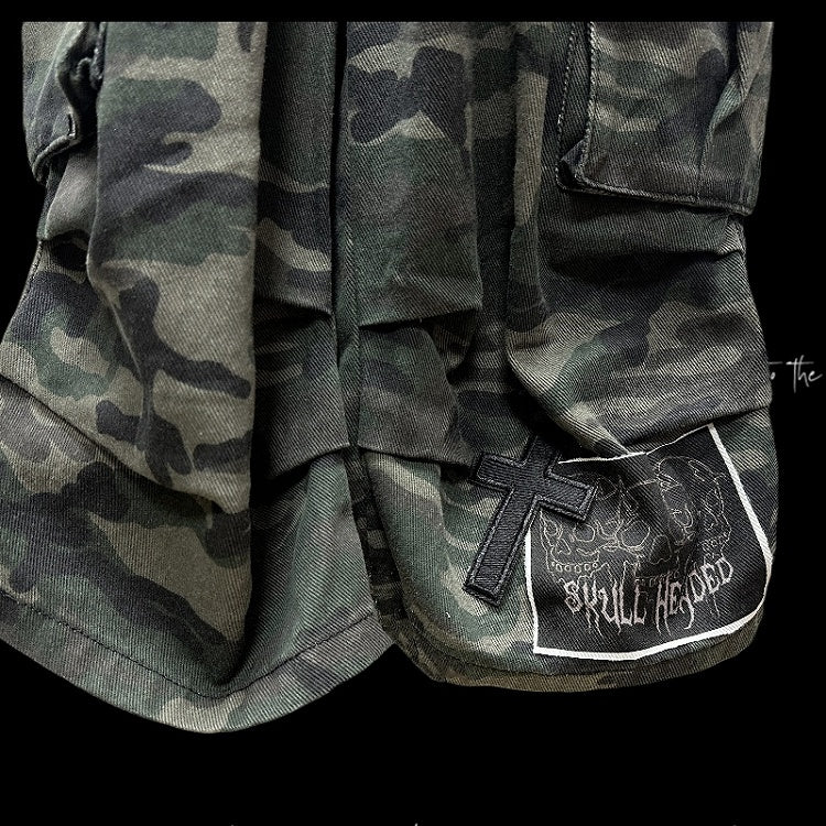 Pockets Camourflage Cross and Skeleton Appliques Cargo Shorts