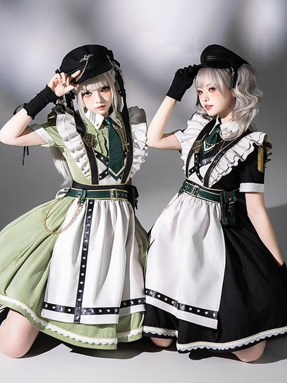 Dress Short Military Full Lolita Flutter Sleeves and Maid Apron Set Black