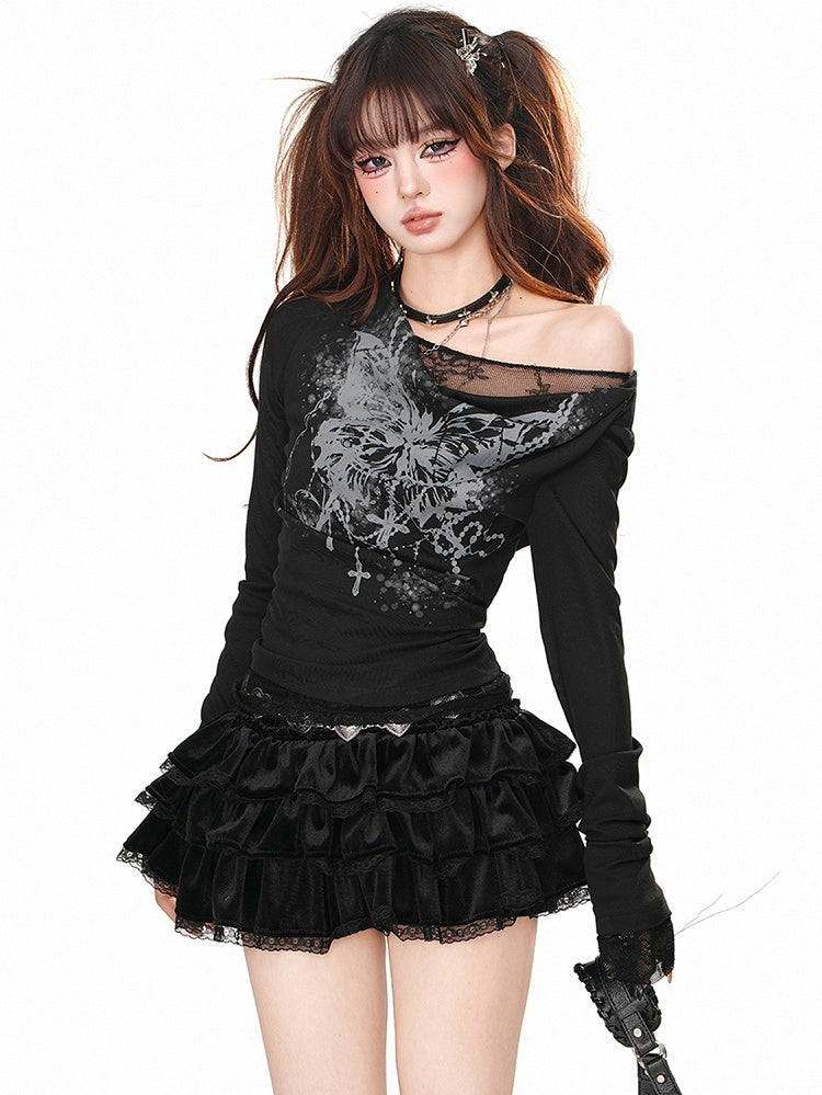 Haut à manches longues et col asymétrique imprimé papillon noir et blanc