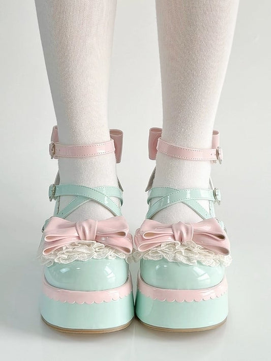 Mint Plateau Jane Mehrlagig Gewellt Rosa mit Mary Lace Schleife Saum Schuhe Obermaterial Süßes Dekor