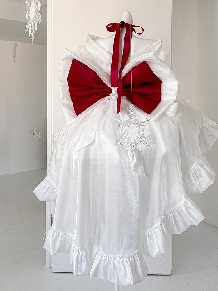 Snowy White Christmas Dress Red Bows Adorned Basque Waist Dress with Big Bow Cascading Train