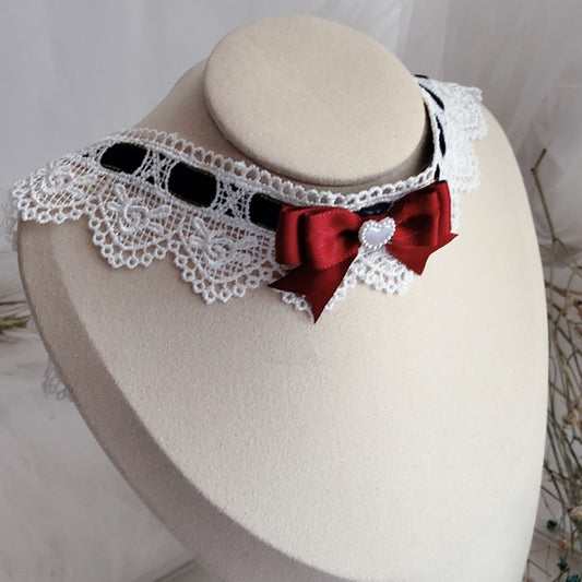 White&Red Snow White Vibes Beaded Decorated Bow Lace Trim Choker