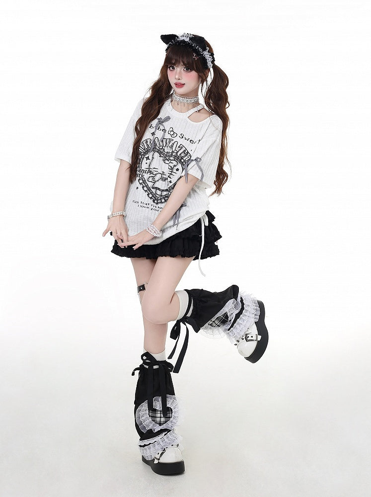 Cutout Y2K Black/White Round Waist Neck Detail T-Shirt Kitty Print Drawstring