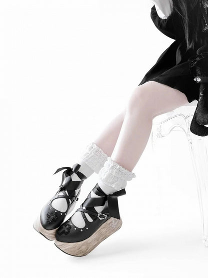 Cross Gothic Black Heel Applique 7cm and Platform Shoes with Lace-up Ankle