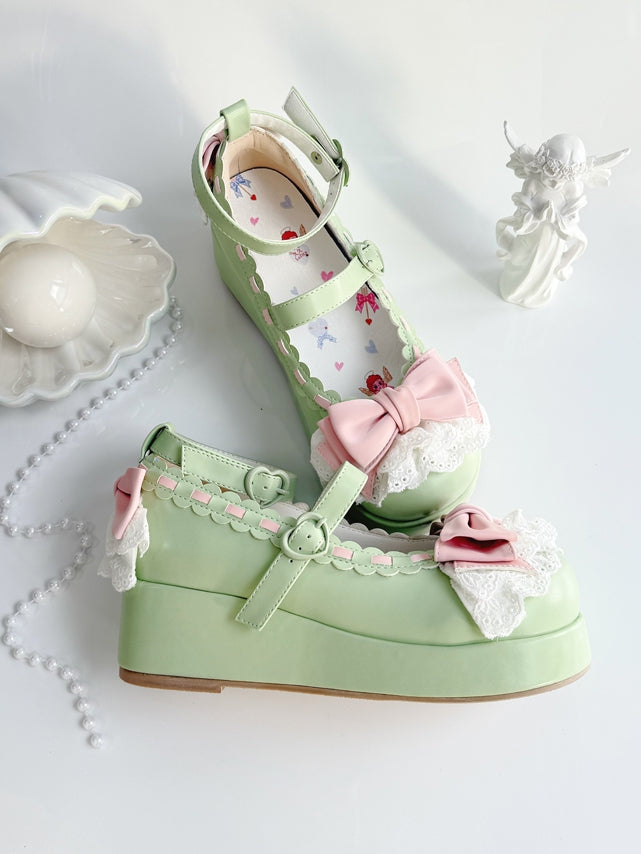 Buckles Heart at Bow Green Trim Platforms Apple Top Lace
