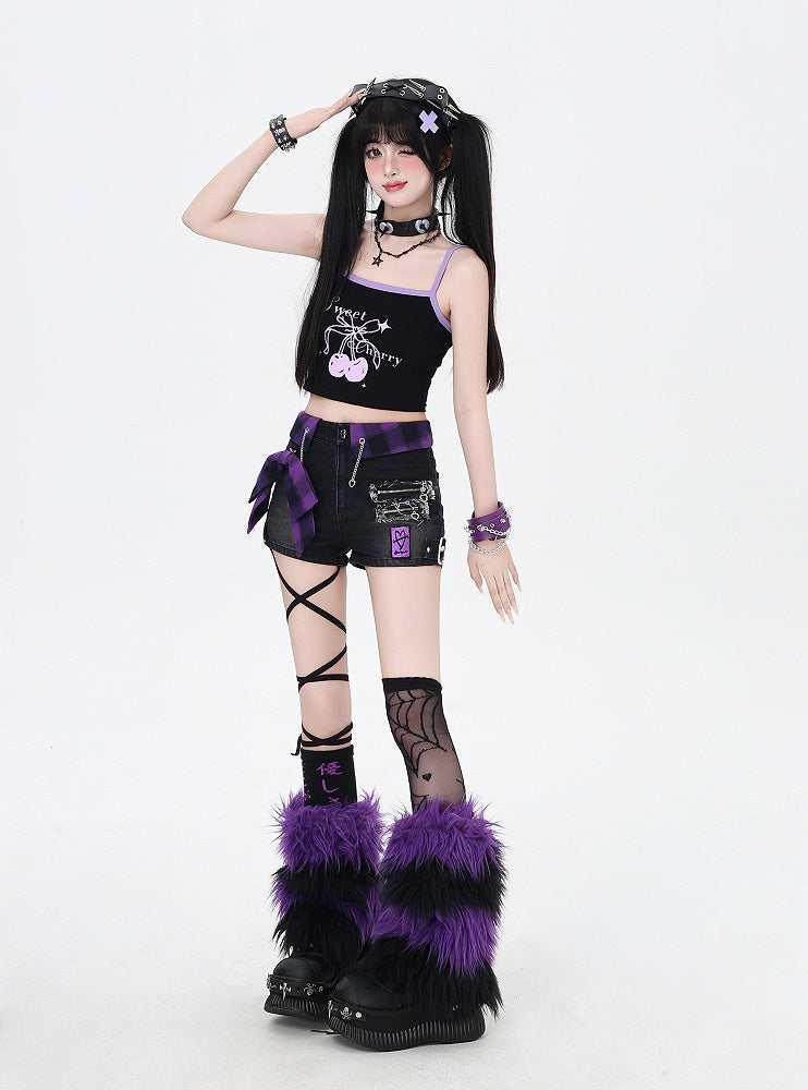 Purple Plaid Bowknot Black Glamorous Denim Shorts