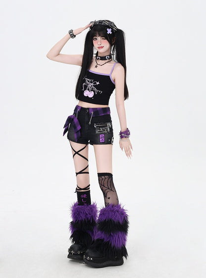 Purple Plaid Bowknot Black Glamorous Denim Shorts