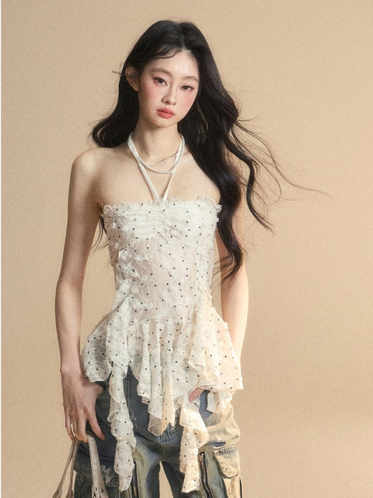 Flounce Hem White Glamorous Halter Neck Polka-dot Top Pattern Asymmetrical Strapless