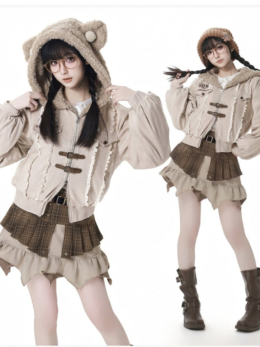 Beige Bear Ears Hood Lace Trim Coat