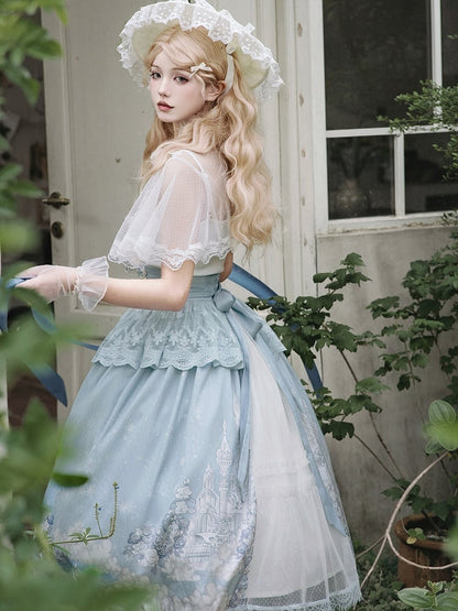 White Skirt High Cape Waist Top Cami + Tulle Print Castle Blue