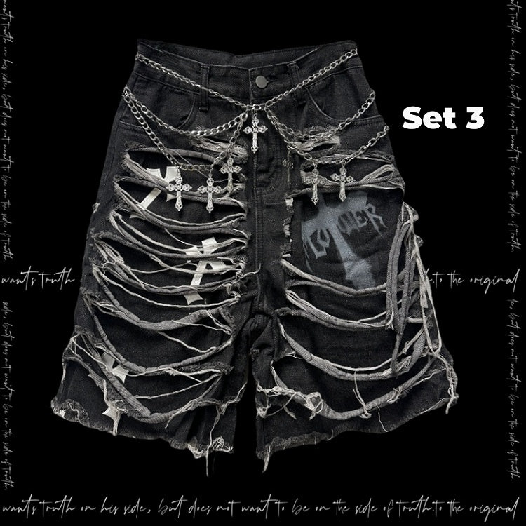 Denim Shorts Y2K Cross Appliques Distressed Holes Dark Gray Glamorous