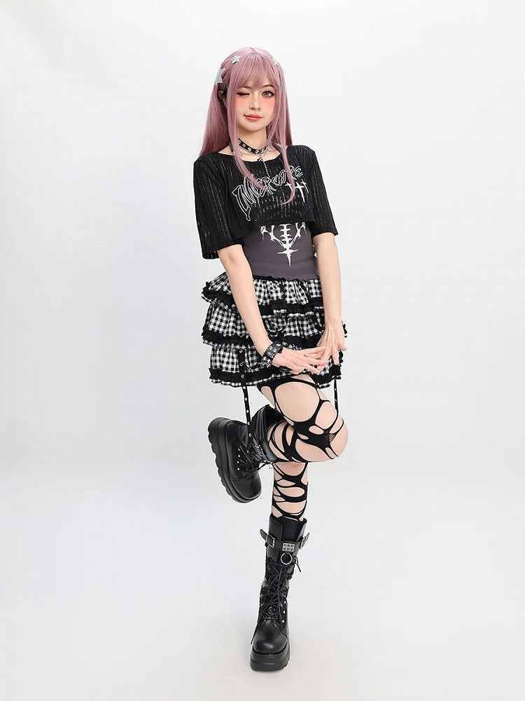 Tiered Skirt Y2K Red  Black/Black  White Plaid Strap Details