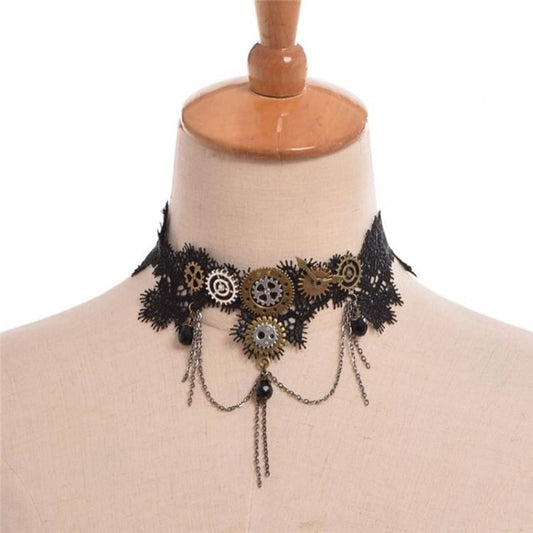 Steampunk Lolita Tassel Gear Black Lace Choker