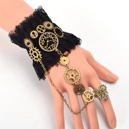 Steampunk Vintage Gear Finger Ring Lace Bracelet