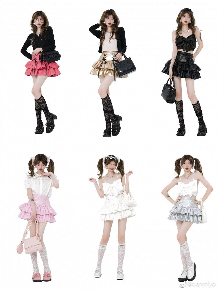 High Waist PU Leather Tiered Black Skirt
