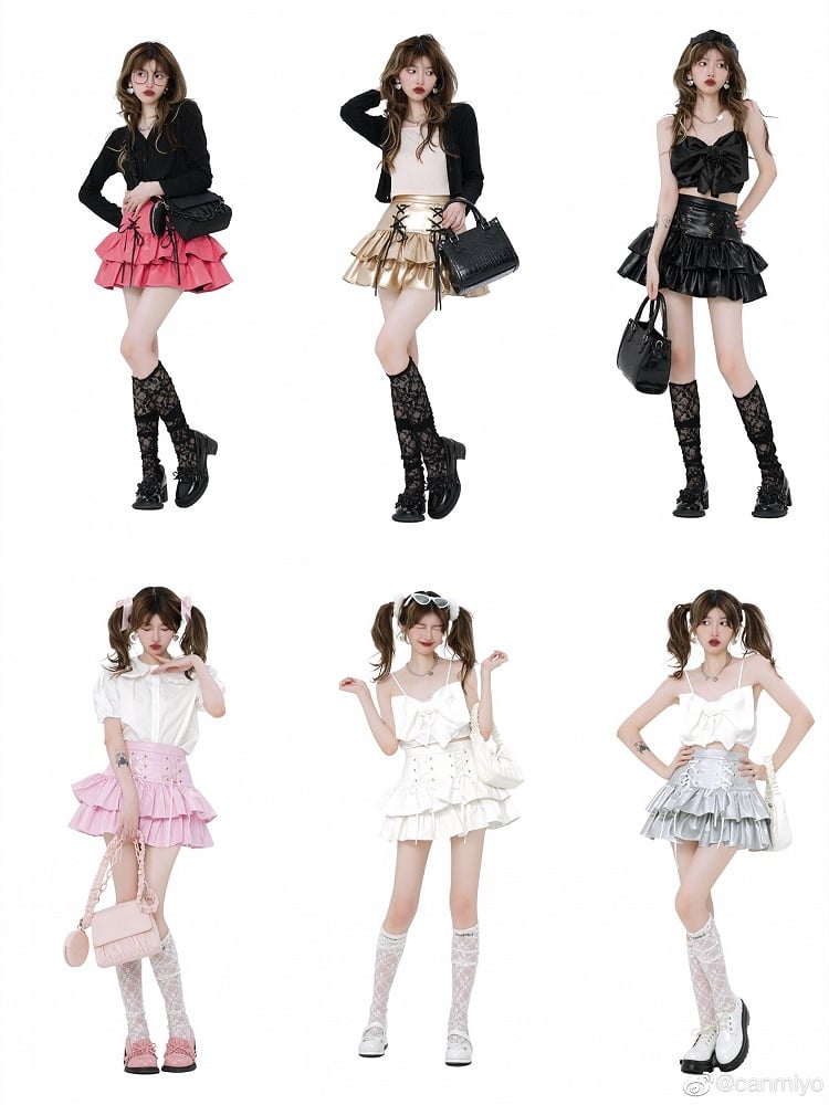 Leather PU Skirt High Pink Waist Tiered
