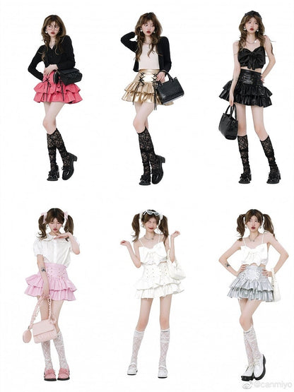 Leather PU Skirt High Pink Waist Tiered