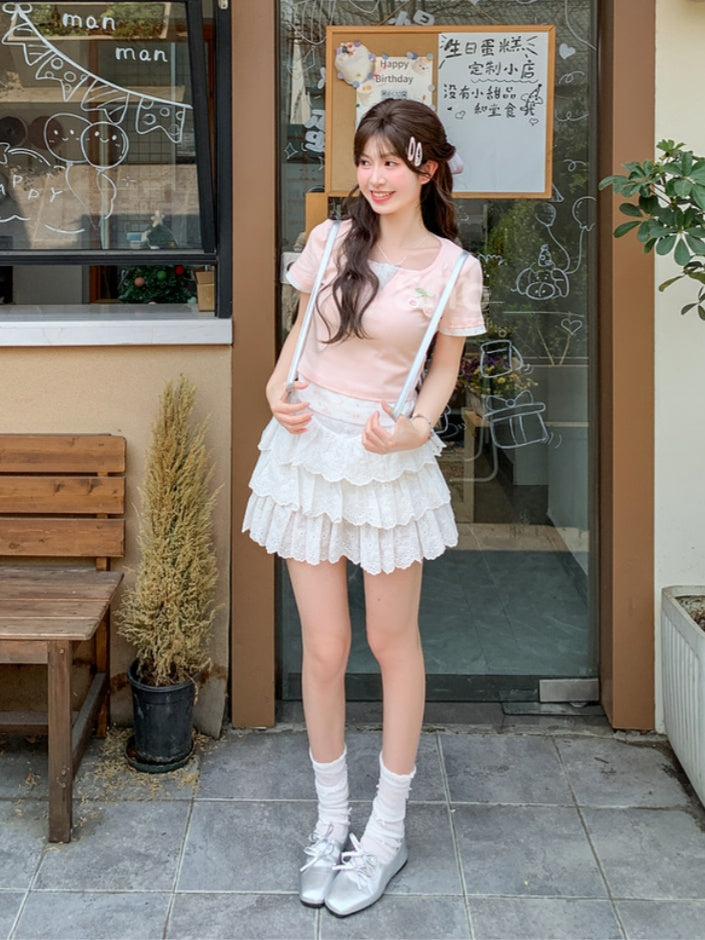 Faux Two-Pieces Pink Cherry Embroidery Sweet Floral T-Shirt