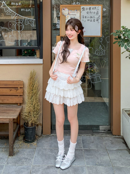 Faux Two-Pieces Pink Cherry Embroidery Sweet Floral T-Shirt