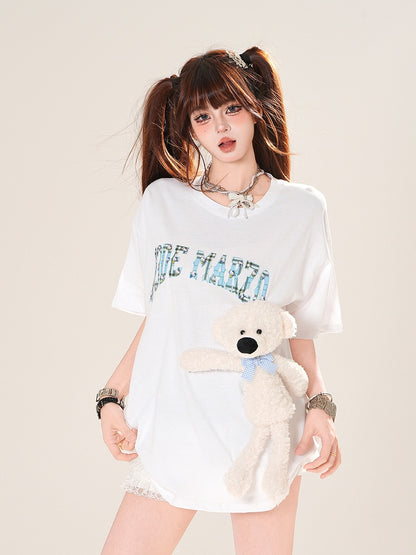 Black/White Round Neck Letter Print T-Shirt with Adorable Bear Plushie