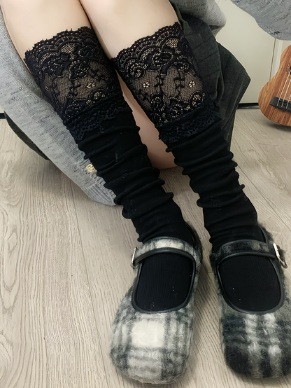 Chaussettes mollet blanches/grises/noires avec bordure en dentelle douce