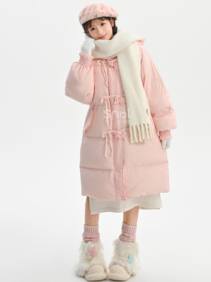 Pink Hooded Down Bowknot Horn Shaped Button Coat