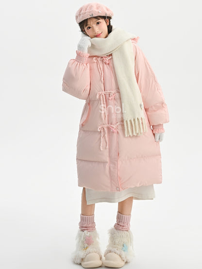 Pink Hooded Down Bowknot Horn Shaped Button Coat