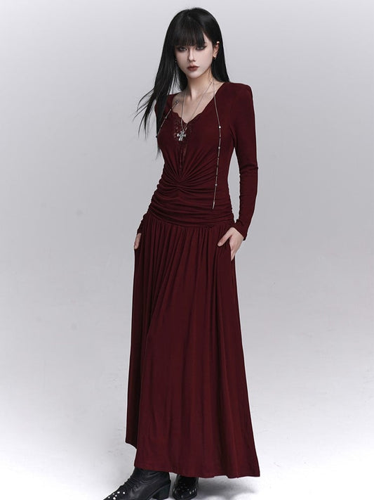 Maxi Gothic Detailing with Dark Red Abdomen Dress Lace V-Neck Ruched