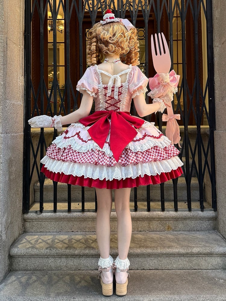 Pink and Red Strawberry Bowknots Decorated Tiered Skirt Sweet Lolita Dress