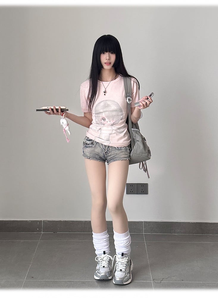 Neck BJD Doll Print Slim-fitting T-Shirt Pink Round