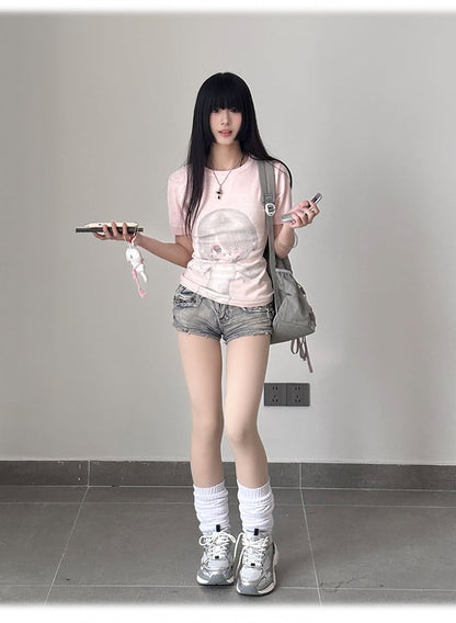 Neck BJD Doll Print Slim-fitting T-Shirt Pink Round