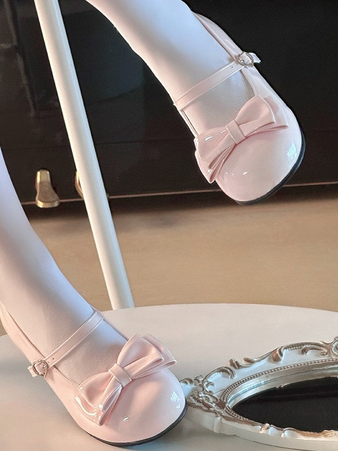 Toe Top Bow PU Janes Buckle Pink Sweet Flat - with Mary Round Lolita Heart