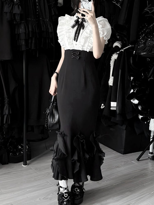 Lolita White Pieces Black Elegant Two Design Mermaid and Dress Waist Skirt Boned Fake Blouse