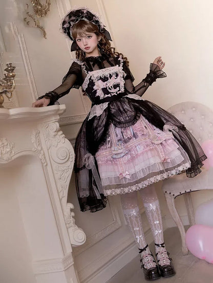 Black and Pink Curtain Tulle Overlay Flying Horse Skirt Lolita Jumper Skirt