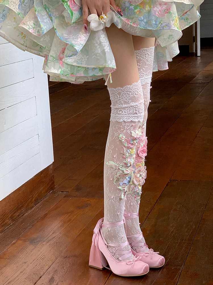 Floral Embroidery Overknee White Trim Stockings Lace