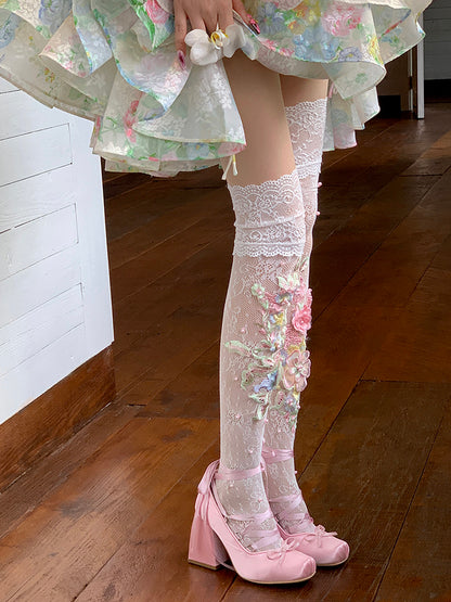 Floral Embroidery Overknee White Trim Stockings Lace