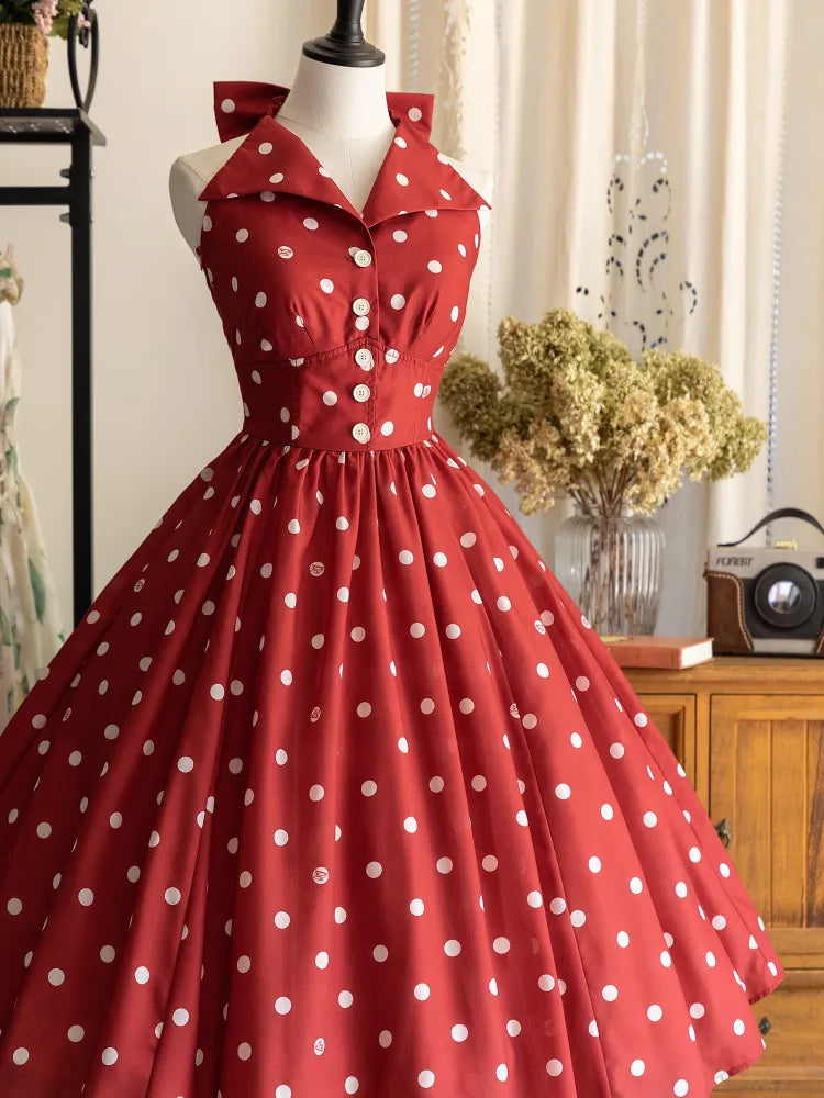 Fashion Bow Halter Polka Retro Back Print Dress Pattern Neck Red Dots Backless Big