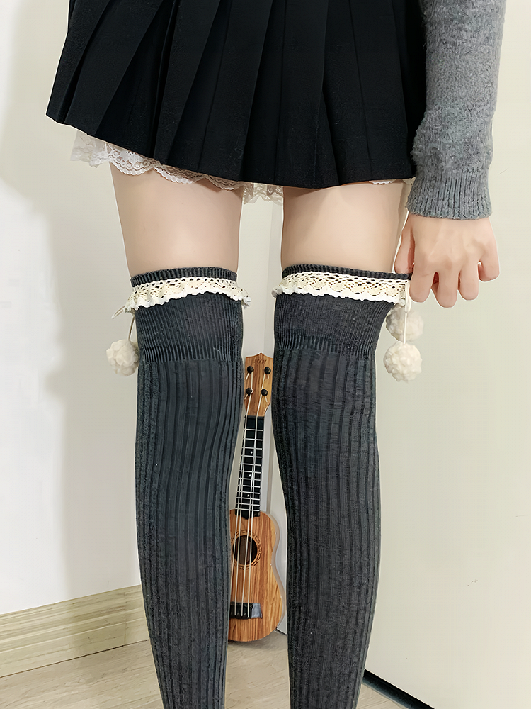 Apricot Sweet Ruffled Cuff Overknee Stockings With Pompons
