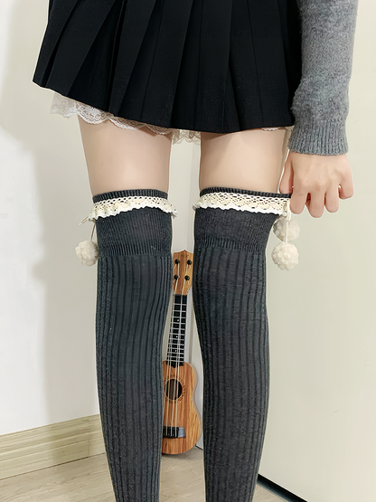 Apricot Sweet Ruffled Cuff Overknee Stockings With Pompons